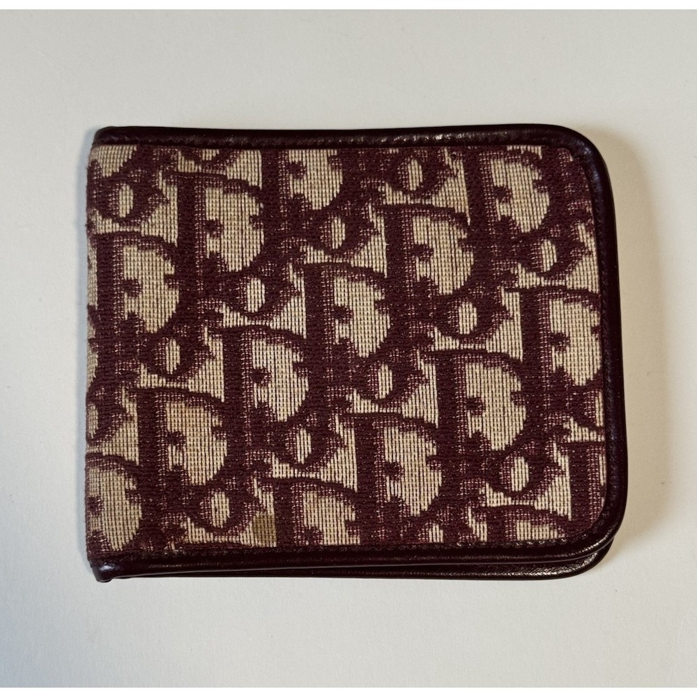 DIOR Trotter Monogram Burgundy & Beige Canvas & Leather Bifold Wallet